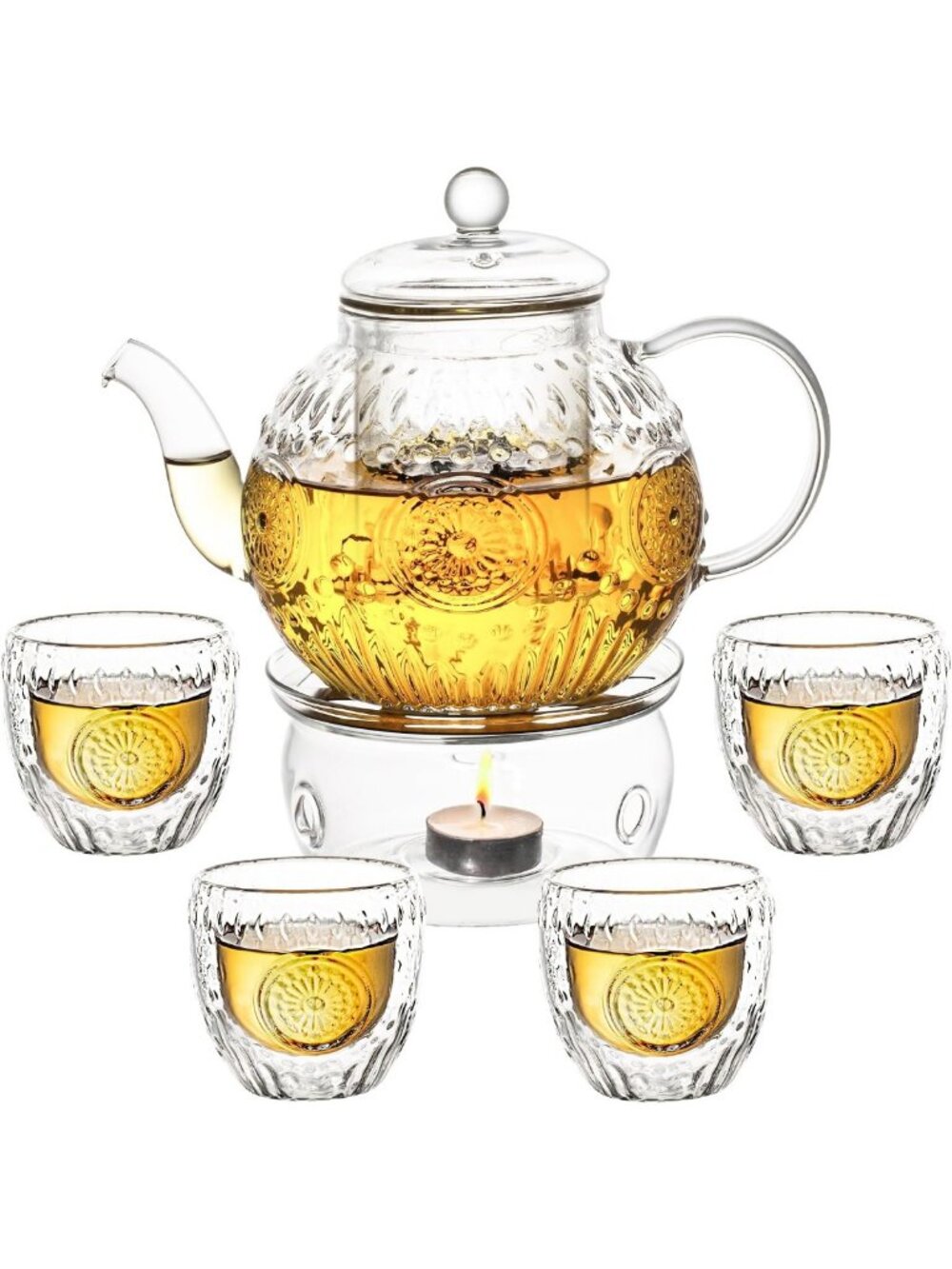 Vintage Glass Teapot Set with 4 Cups, 32oz Borosilicate, Removable Infusers, Tea